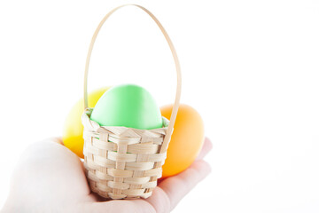 image of egg basket hand white background