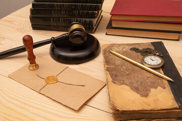 Vintage stamp, envelope and testament. Notary public tools