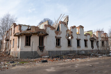 War ruins. Destroyed city after the bombing. Dead city. Bombed buildings.