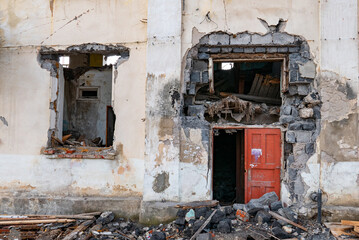 War ruins. Destroyed city after the bombing. Dead city. Bombed buildings.