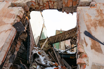 War ruins. Destroyed city after the bombing. Dead city. Bombed buildings.