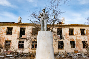 War ruins. Destroyed city after the bombing. Dead city. Bombed buildings.