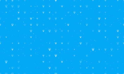 Seamless background pattern of evenly spaced white astrological neptune symbols of different sizes and opacity. Vector illustration on light blue background with stars