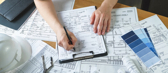 Architects concept, engineer architect designer freelance work on start-up project drawing,...