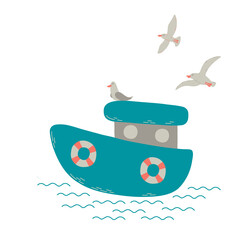 Fishing boat in waves with seagulls. Small ships in cute flat design. Vector illustration for childish design, kids room decor, print and other.