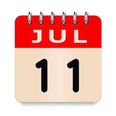 11 day of the month. July. Flip old formal calendar. 3d daily icon. Date. Week Sunday, Monday, Tuesday, Wednesday, Thursday, Friday, Saturday. Cut paper. White background. Vector illustration. 