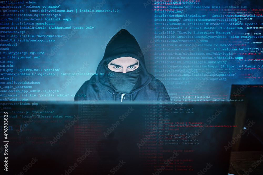 Poster no system is safe from him. shot of a young hacker using a computer late at night.