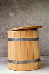 wooden barrel with a lid.