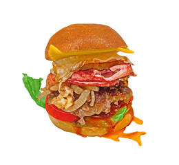A Juicy hamburger with cheese, pineapple, bacon, onion, fried runny egg, beef patty, tomato, lettuce and barbecue sauce