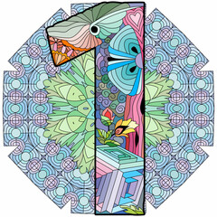 1 number vintage font on mandala. Engraving design. Vector illustration.