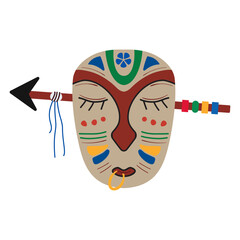 Wooden african mask with an arrow piercing the head in flat naive style. Cartoon vector illustration