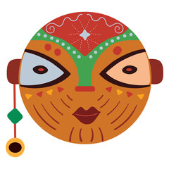 Wooden african mask with decorations in flat naive style. Cartoon vector illustration