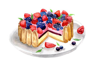 watercolor illustration of cake with berries