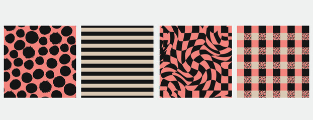 Set of coral, black and beige checkerboard geometric seamless patterns