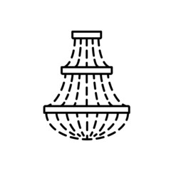 Black & white vector illustration of crystal glass tier chandelier. Line icon of vintage pendant ceiling light. Luxury home ornate lamp. Isolated object