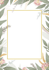 Fototapeta na wymiar Spring pastel botanical frame. Delicate floral border. Hand painted invitation card template. Postcard illustration, date saving, greeting card design, floral invitation.