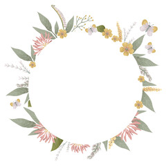 Elegant round botanical wreath with pastel pink and yellow flowers and green leaves on white background. Perfect for invitation, birthday or wedding decor