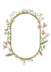 Garden greenery oval frame of hand-drawn forest green leaves and delicate pink flowers. Romantic wreath of greenery isolated on white for greentings, invitations, decor