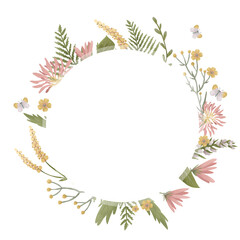 Garden greenery round frame of hand-drawn forest green leaves and delicate tiny pink yellow flowers. Romantic wreath of greenery isolated on white for greentings, invitations, decor