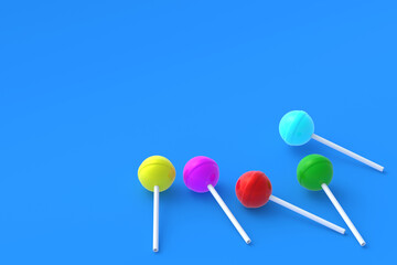 Colorful lollipops on stick on blue background. Sweet candy. Confectionery goods. Copy space. 3d render