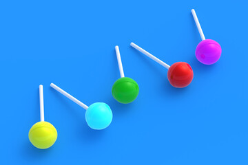Colorful lollipops on stick on blue background. Sweet candy. Confectionery goods. 3d render