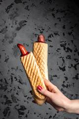 Set of French hot dogs in woman's hand, fast food and junk food concept, Street food, vertical image. place for text