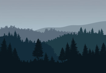 Landscape with trees and hills. Vector illustration in blue colors.