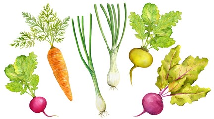 A large set of vegetables, root vegetables. Watercolor painting
