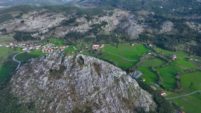 Mount Punishment in the surroundings of San Miguel de Aras in the municipality of Voto. Aerial view from a drone. Aras Valley, Cantabria, Spain, Europe