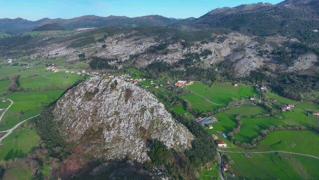Mount Punishment in the surroundings of San Miguel de Aras in the municipality of Voto. Aerial view from a drone. Aras Valley, Cantabria, Spain, Europe