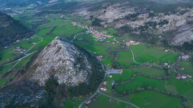 Mount Punishment in the surroundings of San Miguel de Aras in the municipality of Voto. Aerial view from a drone. Aras Valley, Cantabria, Spain, Europe