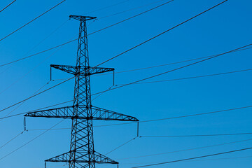 Background, view or scene of steel tower of electric main or electricity transmission line with the...