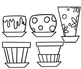 Monochrome illustration, coloring book. Set of cartoon round and square plant pots, sketch