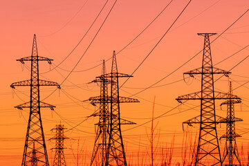 Background, view or scene of steel tower of electric main or electricity transmission line with the...