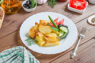 Homemade appetizing baked potatoes with vegetables on a white plate on a dark wooden background