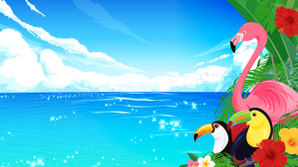 トロピカルな鳥と海の背景_イラスト素材_16:9 © ふわぷか