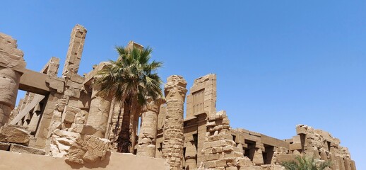 Obraz premium Karnak temple in Luxor, Egypt, an open air Museum, which comprises a vast mix of decayed temples, chapels, pylons, and other buildings.