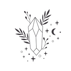 Mystical, esoteric or healing crystals with flowers, leaves. Linear art. Editable strocks. Vector illustration - obrazy, fototapety, plakaty