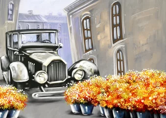  Digital oil paintings landscape, fictional car with flowers, old city. Fine art. © yaroslavartist