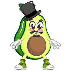 avocado cute cartoon mascot illustration vector with moustache and vintage hat