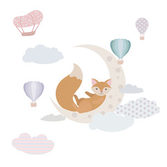 A cute little fox sleeps on a moon. Animal on the moon. Balloons and airship. Children's illustration, Cute print, vector. Isolated on a white background.
