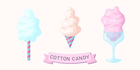 Hand drawn vector illustration with three color cotton candy cones for billboard, decor, business card, invitation, flyer, sign, advertising, poster, banner, print, label, pattern, template, design