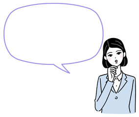 手を顎に当てて考える若い女性と吹き出し