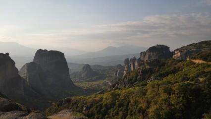 mountain monasteries meteora in greece aerial view