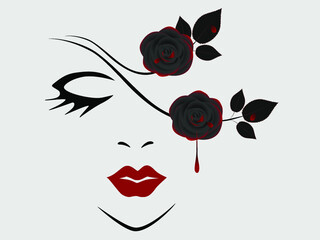 Face of a girl with black roses and red drops on a gray background.