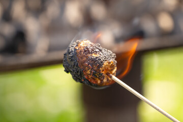 A burned marshmallow on a stick.