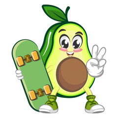 avocado cute cartoon mascot illustration vector with skateboard