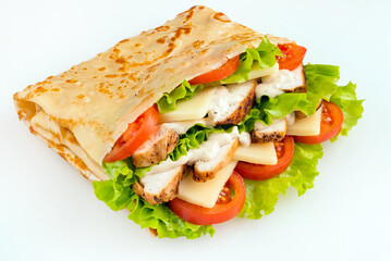 pancake with chicken, tomatoes and lettuce