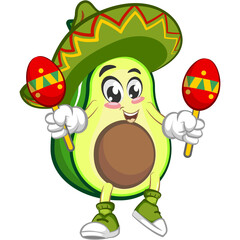 Obraz na płótnie Canvas avocado cute cartoon mascot illustration vector wearing sombrero with playing maracas