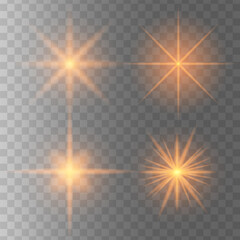 Set of glowing light stars on a transparent background. Transparent shining sun, star explodes and bright flash. Gold bright illustration starburst. 
